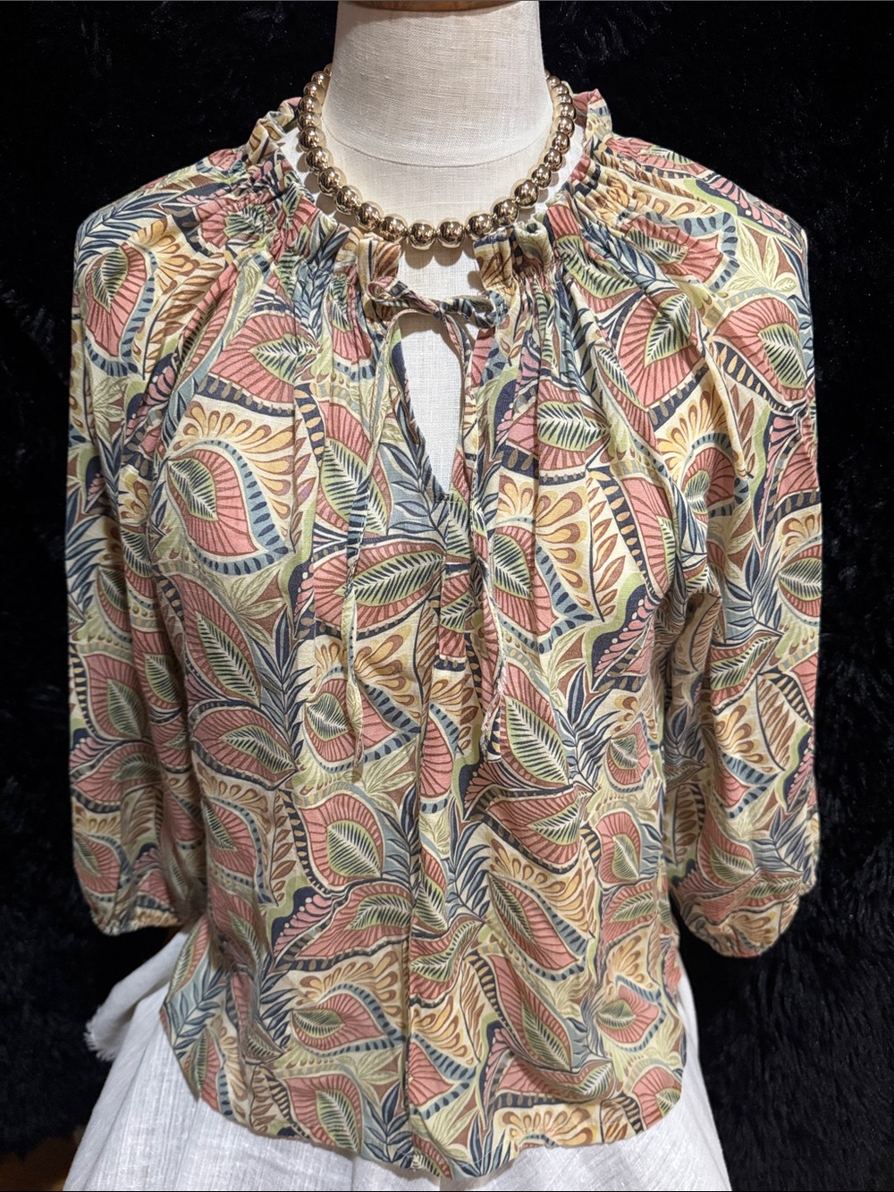Royalty For Me Leaf Print Tie-Neck Blouse in Peach, Olive & Navy